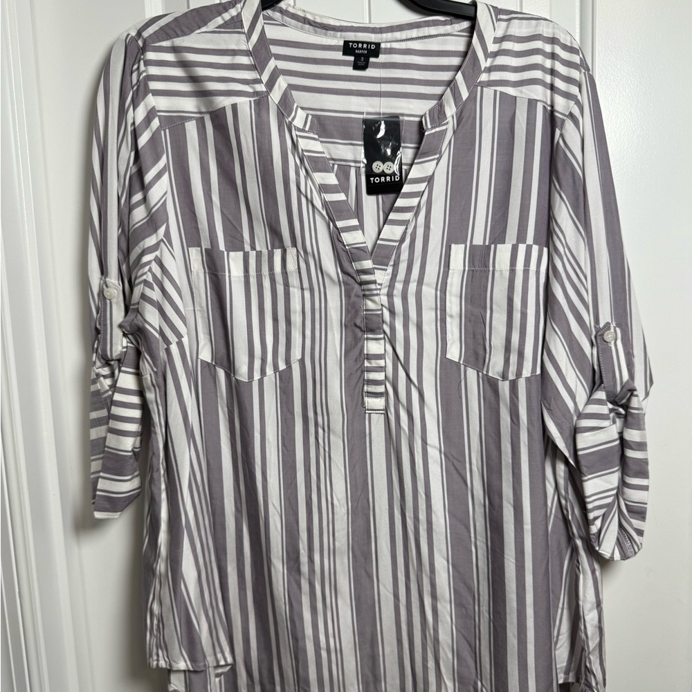 Torrid White and Gray Striped Blouse